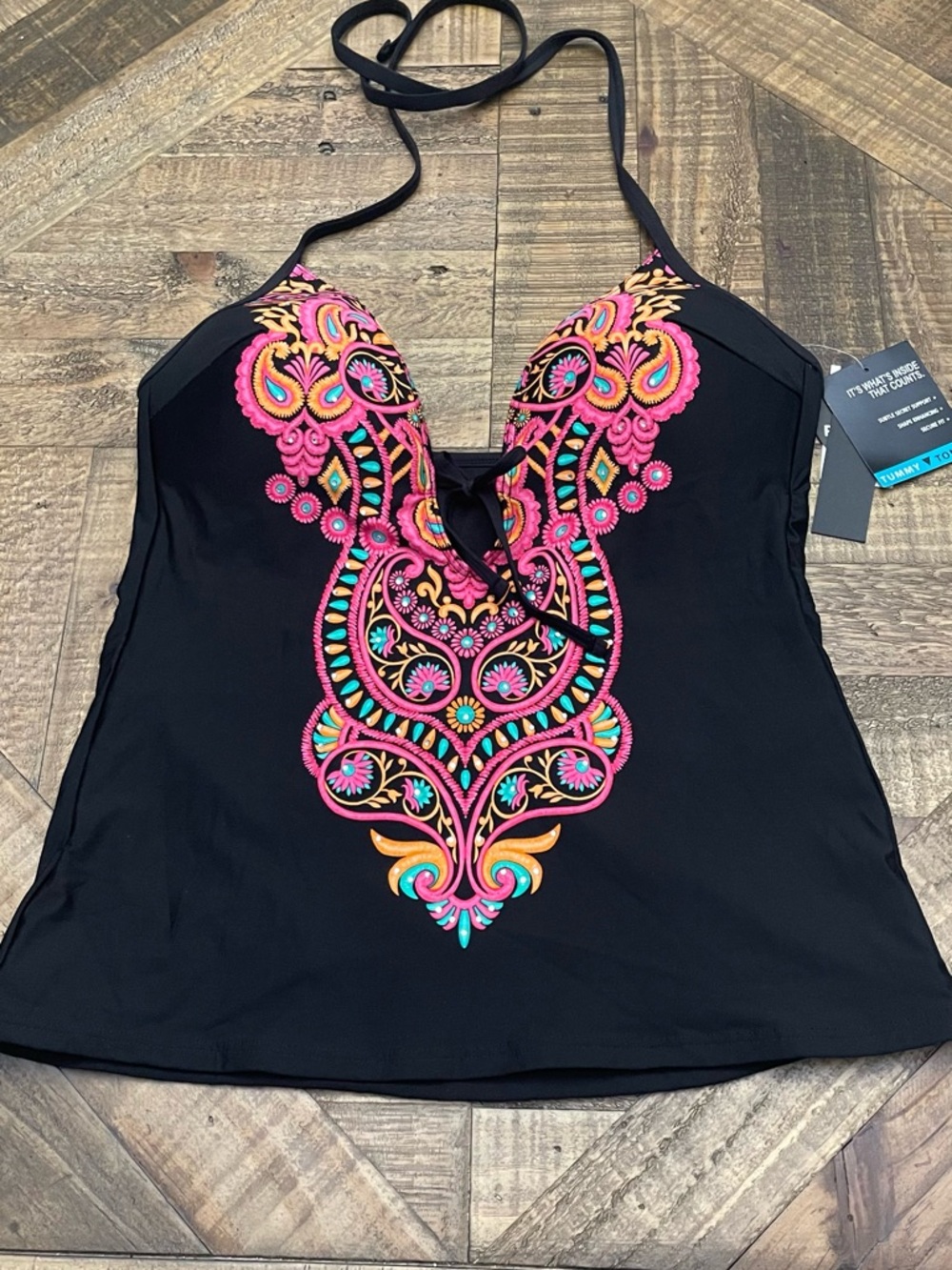 Kenneth Cole New York Black Tankini Top with Multicolor Embroidery